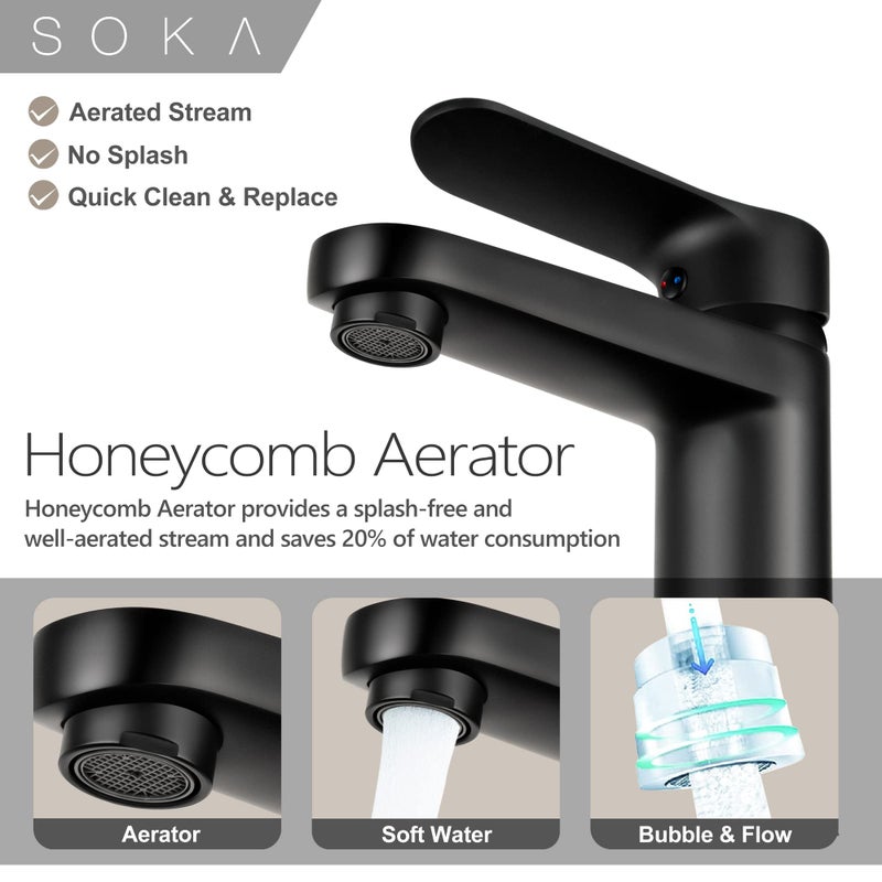 SOKA Brass Bathroom Faucet Matte Black with Pop-up Sink Drain Stopper & Deck Plate - 1 or 3 Hole Single Handle RV Faucet - Image 3